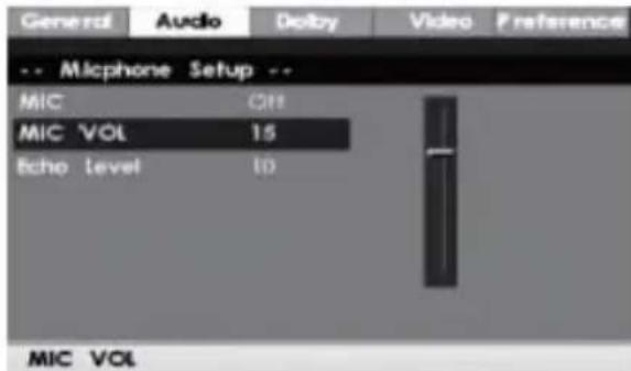General Audio Dolby Video Preference -- Micphone Setup -- MIC OFF MIC VOL 15 Echo Level ID MIC VOL
