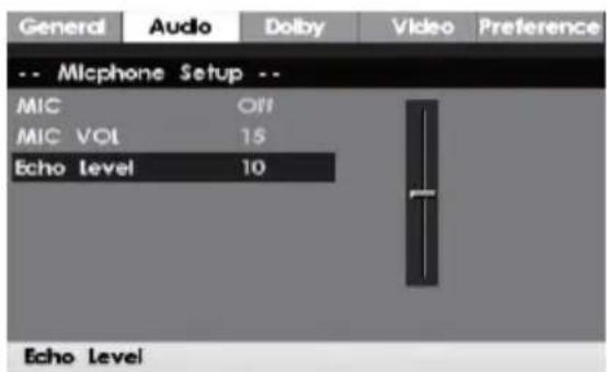 General Audio Dolby Video Preference -- Micphone Setup -- MIC Off MIC VOL 15 Echo Level 10 Echo Level