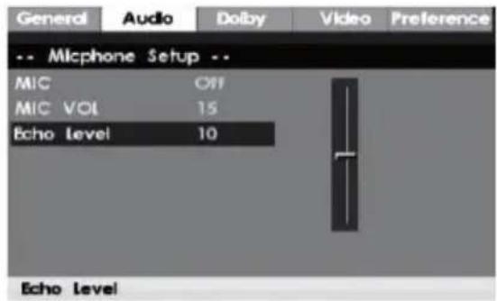 General Audio Dolby Video Preference -- Micphone Setup -- MIC OFF MIC VOL 15 Echo Level 10 Echo Level