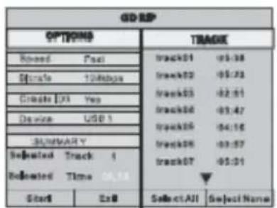 CD-RP OPTIONS Track01 Track02 Track03 Track04 Track05 Track06 Track07 SelectAll Select Name Scored Fast Share 12Mbps Create 1X1 Yes Device USB 1 SUMMARY Selected Track 1 Selected Time 06:58 Start Exit