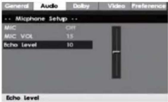 General Audio Dolby Video Preference -- Micphone Setup -- MIC Off MIC VOL 15 Echo Level 10 Echo Level