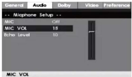 General Audio Dolby Video Preference -- Micphone Setup -- MIC Off MIC VOL 15 Echo Level 10 MIC VOL
