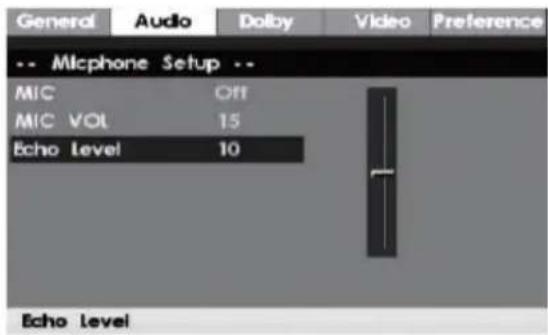 General Audio Dolby Video Preference -- Micphone Setup -- MIC Off MIC VOL 15 Echo Level 10 Echo Level
