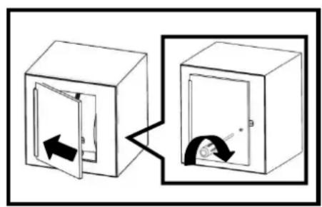 Diagram showing a door opening and a close-up of the door with an arrow indicating direction, labeled with dimension 'a'.