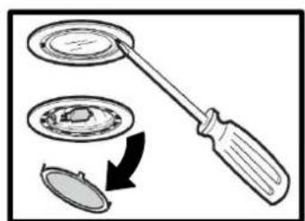 Diagram illustrating a tool interacting with a circular object, showing a curved arrow indicating rotation or change.