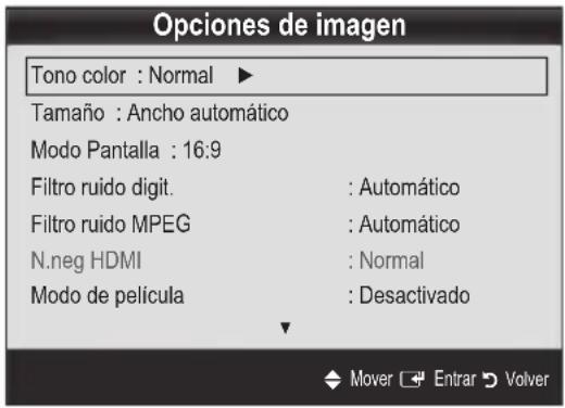 Opciones de imagen Tono color : Normal ▶ Tamaño : Ancho automático Modo Pantalla : 16:9 Filtro ruido digit. : Automático Filtro ruido MPEG : Automático N.neg HDMI : Normal Modo de película : Desactivado Mover ▼ Entrar ▶ Volver