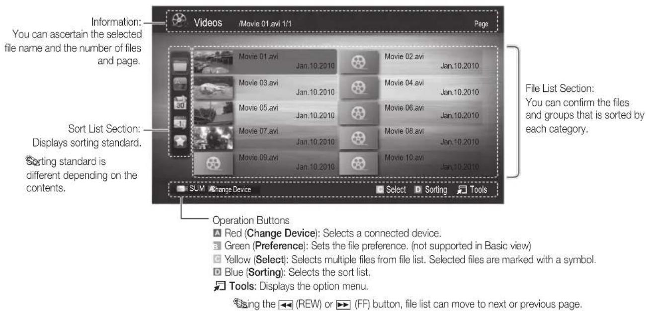 Videos /Movie 01.avi 1/1 Page Information: You can ascertain the selected file name and the number of files and page. Sort List Section: Displays sorting standard. Sorting standard is different depending on the contents. SUM Change Device Select Sorting Tools Operation Buttons Red (Change Device): Selects a connected device. Green (Preference): Sets the file preference. (not supported in Basic view) Yellow (Select): Selects multiple files from file list. Selected files are marked with a symbol. Blue (Sorting): Selects the sort list. Tools: Displays the option menu. using the (REW) or (FF) button, file list can move to next or previous page.