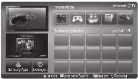 recomendadas Internet@TV As Minhas Aplicações por Data 1/1 Samsung Apps Definições ▲ Ini.sess Mancar como Favorio Oclarar por Regresser