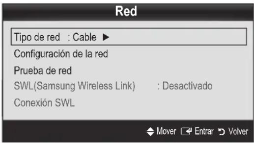 Red Tipo de red : Cable ▶ Configuración de la red Prueba de red SWL(Samsung Wireless Link) : Desactivado Conexión SWL ◆ Mover ↕ Entrar ↗ Volver