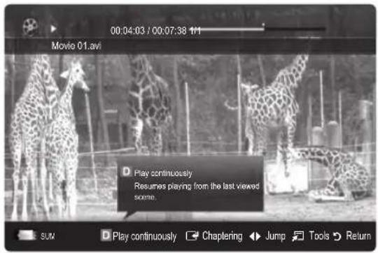 00:04:03 / 00:07:38 1H Movie 01.avi D Play continuously Resumes playing from the last viewed scene. SUM D Play continuously □ Chaptering ◆ Jump ▶ Tools ▶ Return