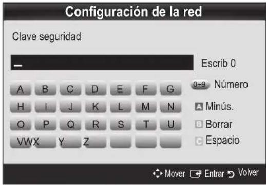 Configuración de la red Clave seguridad Escrib 0 A B C D E F G H I J K L M N O P Q R S T U VWX Y Z 0-9 Número Minús. Borrar Espacio Mover Entrar Volver