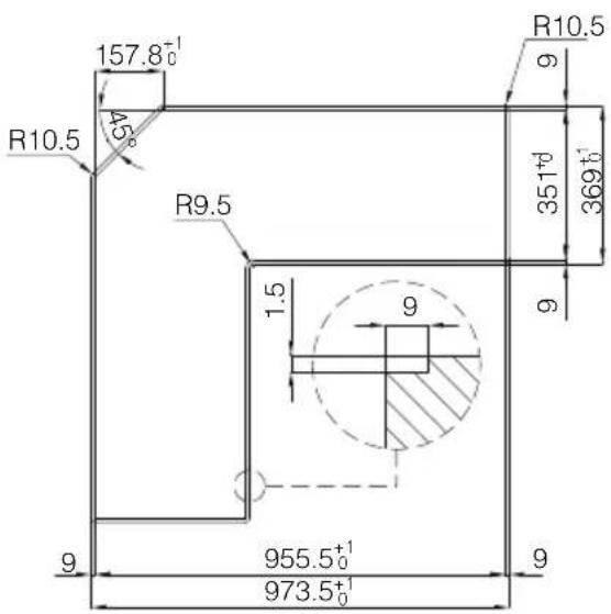 157.8⁺¹ R10.5 45° R9.5 1.5 9 955.5⁺¹₀ 973.5⁺¹₀ R10.5 351⁺¹₀ 369⁺¹₀ 9 9