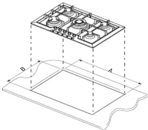Technical diagram showing a 3D mechanical component with labeled dimensions A and B, including internal features and a wavy base.