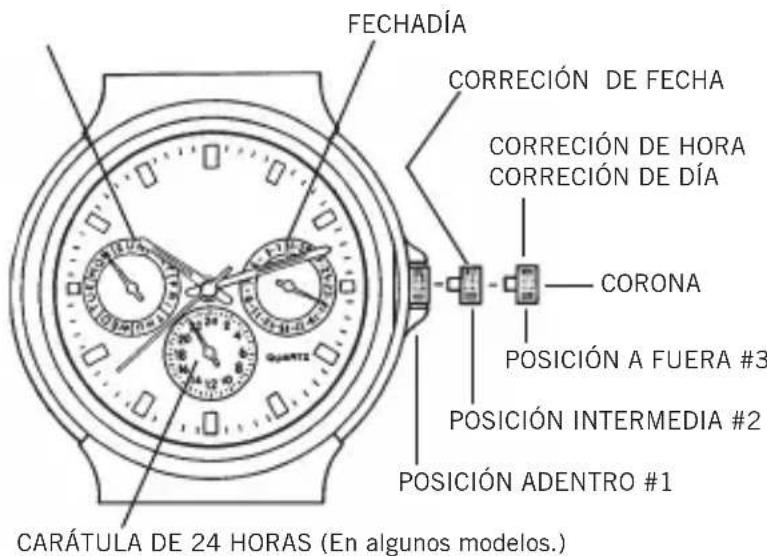 FECHADÍA CORRECIÓN DE FECHA CORRECIÓN DE HORA CORRECIÓN DE DÍA — CORONA POSICIÓN A FUERA #3 POSICIÓN INTERMEDIA #2 POSICIÓN ADENTRO #1 CARÁTULA DE 24 HORAS (En algunos modelos.)