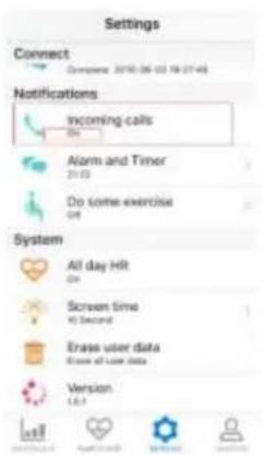 Settings Connect Complete: 2010-06-02 16:07:45 Notifications Incoming calls On Alarm and Timer 21:03 Do some exercise On System All day HR On Screen Time Hi Second Erase user data Show of User data Version 1.6.1