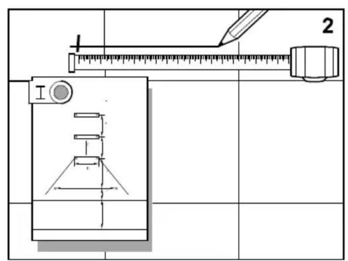 Technical diagram showing a mechanical setup with labeled components and dimension lines, including a ruler and pencil.