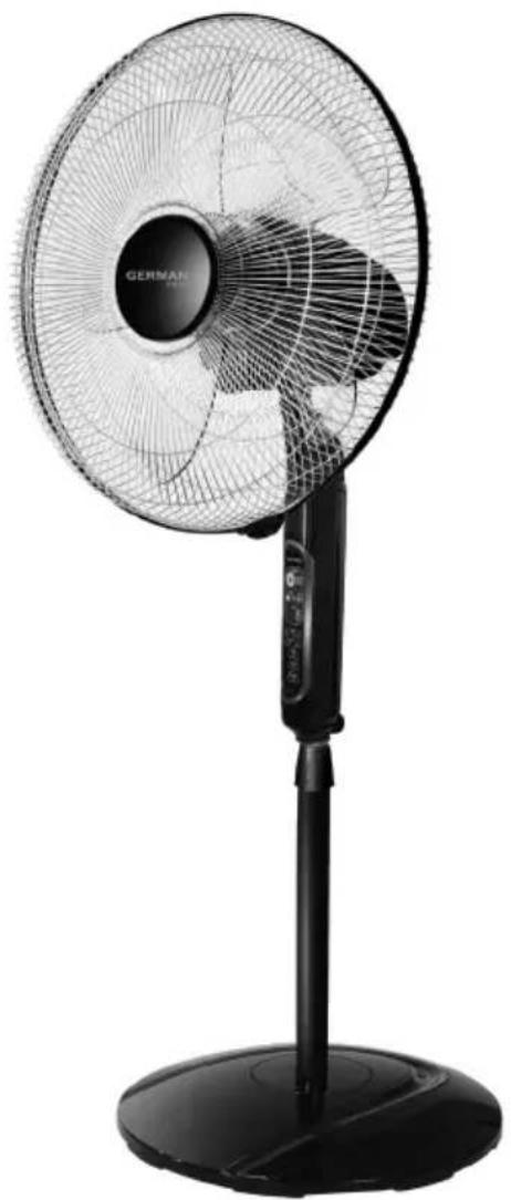 Black and white photo of a German air conditioner fan on a stand (no text or symbols visible)