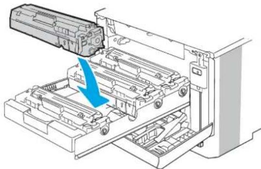Diagram of a printer's internal structure showing internal components and a blue arrow indicating a loading or movement (no text or symbols present)