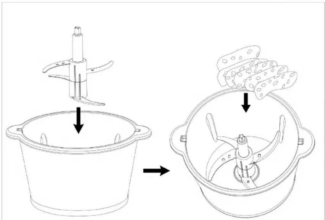 Diagram illustrating the step-by-step fabrication of a kitchen spatula, showing the blade being added to a bowl and then into a multi-compartment fan.