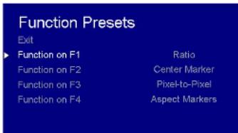 Function Presets Exit ► Function on F1 Ratio Function on F2 Center Marker Function on F3 Pixel-to-Pixel Function on F4 Aspect Markers