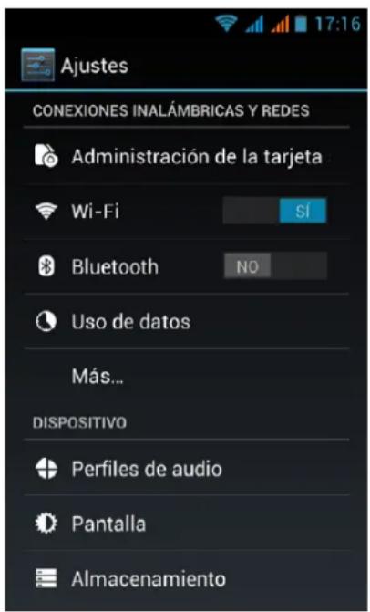 Ajustes CONEXIONES INALÁMBRICAS Y REDES Administración de la tarjeta Wi-Fi SÍ Bluetooth NO Uso de datos Más... DISPOSITIVO Perfiles de audio Pantalla Almacenamiento