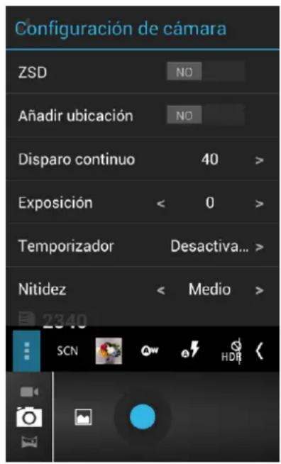 Configuración de cámara ZSD NO Añadir ubicación NO Disparo continuo 40 > Exposición < 0 > Temporizador Desactiva... > Nitidez < Medio > 2340 SCN Aw HDF
