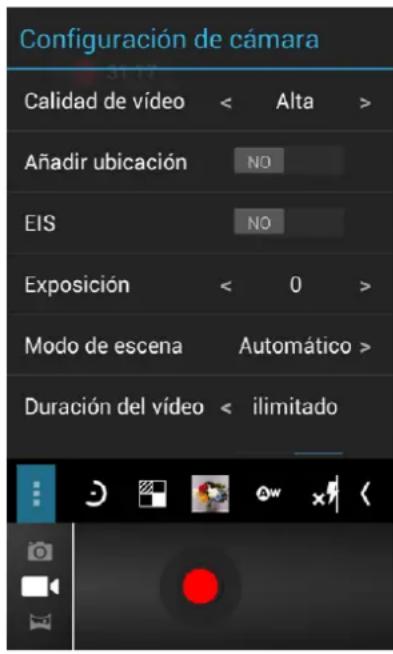 Configuración de cámara Calidad de vídeo < Alta > Añadir ubicación NO EIS NO Exposición < 0 > Modo de escena Automático > Duración del vídeo < ilimitado