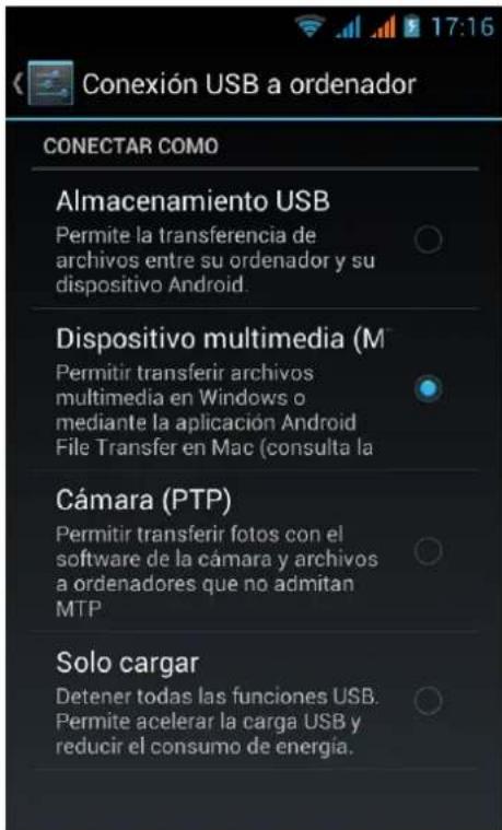 Conexión USB a ordenador CONECTAR COMO Almacenamiento USB Permite la transferencia de archivos entre su ordenador y su dispositivo Android. Dispositivo multimedia (M Permitir transferir archivos multimedia en Windows o mediante la aplicación Android File Transfer en Mac (consulta la Cámara (PTP) Permitir transferir fotos con el software de la cámara y archivos a ordenadores que no admitan MTP Solo cargar Detener todas las funciones USB. Permite acelerar la carga USB y reducir el consumo de energía.