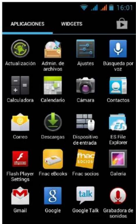 APPLICACIONES WIDGETS Actualización Admin. de archivos Ajustes Búsqueda por voz Calculadora Calendario Cámara Contactos Correo Descargas Dispositivo de entrada ES File Explorer Flash Player Settings Fnac eBooks Fnac socios Galería Gmail Google Google Talk Grabadora de sonidos