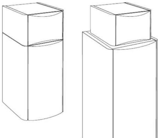 Two simple line drawings of 3D rectangular blocks with curved and flat surfaces, no text or symbols present.