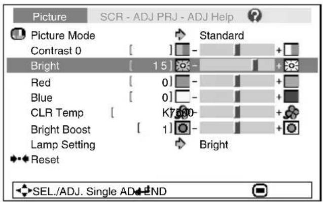Picture SCR - ADJ PRJ - ADJ Help Picture Mode Contrast 0 Bright Standard 15 Red Blue CLR Temp Bright Boost Lamp Setting Reset K7500- 1 Bright SEL./ADJ. Single ADEND