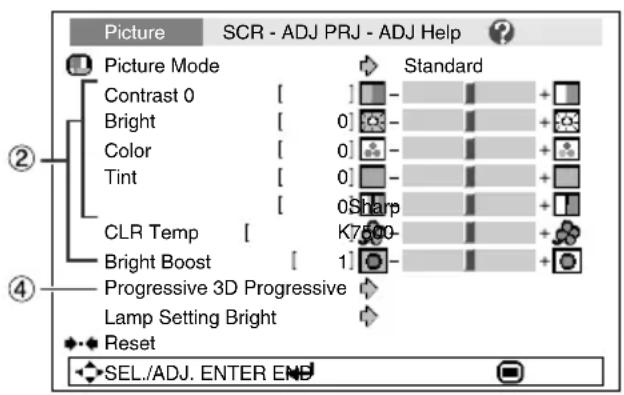 Picture SCR - ADJ PRJ - ADJ Help Picture Mode Contrast 0 [ ] Bright [ 0 ] Color [ 0 ] Tint [ 0 ] CLR Temp [ K7500- Bright Boost [ 1 ] Progressive 3D Progressive Lamp Setting Bright Reset SEL./ADJ. ENTER END