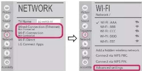 NETWORK TV Name LG works IV Wired Connection (Ethernet) Wi-Fi Connection Wi-Fi Direct LG Connect Apps WI-FI Network / ✓ WI - AAA WI-FI - BBB WI-FI - CCC WI-FI - DDD WI-FI - EEF Add a hidden wireless network Connect via WPS PBC_ Connect via WPS PIN_ Advanced settings