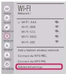 WI-FI Network / ✓ WI-FI: AAA WI-FI: B8B WI-FI: CCC WI-FI: DDD WI-FI: EEE Add a hidden wireless network Connect via WPS PBC. Connect via WPS PIN. Advanced settings