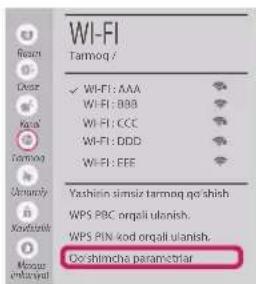 Wi-FI Tarmoq / ✓ WI-FI: AAA WI-FI: BBB WI-FI: CCC WI-FI: DDD WI-FI: FEE Yashin simiz tarmoq qoshish WPS PBC orgali ulanish. WPS PIN kod orgali ulanish. Oc shimcha parametiar