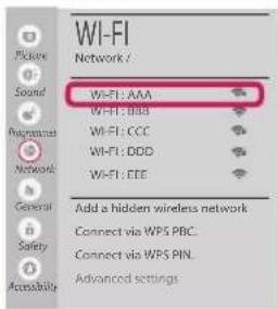Wi-FI Network / Pickie Sound Programmes Networks General Safety Accessibility Wi-FI: AAA Wi-FI: BBB Wi-FI: CCC Wi-FI: DDD Wi-FI: EEE Add a hidden wireless network Connect via WPS PBC. Connect via WPS PIN. Advanced settings