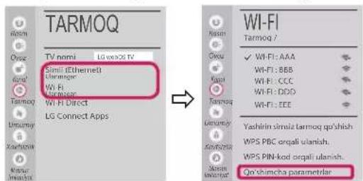 TARMOQ TV nomi LG veos IV Simil EThermost Clearanger Wi-Fi Clearanger Wi-Fi Direct LG Connect Apps → WI-FI Tarmoq / ✓ WI-FI: AAA Wi-Fi: BBB Wi-Fi: CCC Wi-Fi: DDD Wi-Fi: EEE Yashirin simila tarmoq qo'shish WPS PBC orqali ulanish. WPS PIN-kod orqali ulanish. Qo'shimcha parametlar