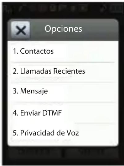 Opciones 1. Contactos 2. Llamadas Recientes 3. Mensaje 4. Enviar DTMF 5. Privacidad de Voz