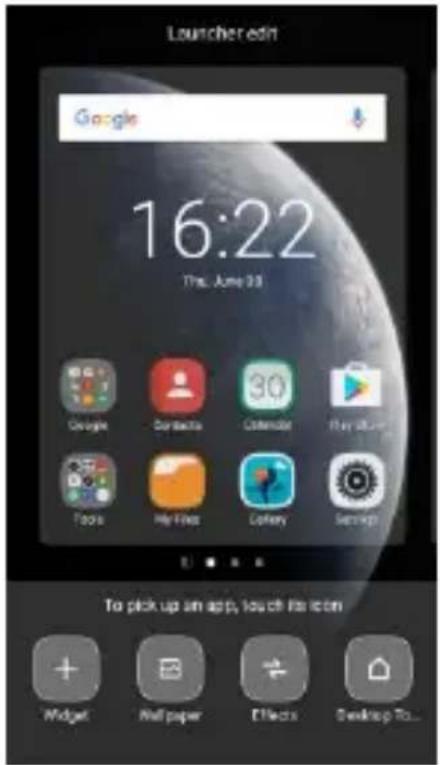 Launcher edit Google 16:22 The June 20 Google Contacts Calendar Play Store Foods My Free Lottery Settings To pick up an app, touch the icon + Widget New paper Effects Desktop To...