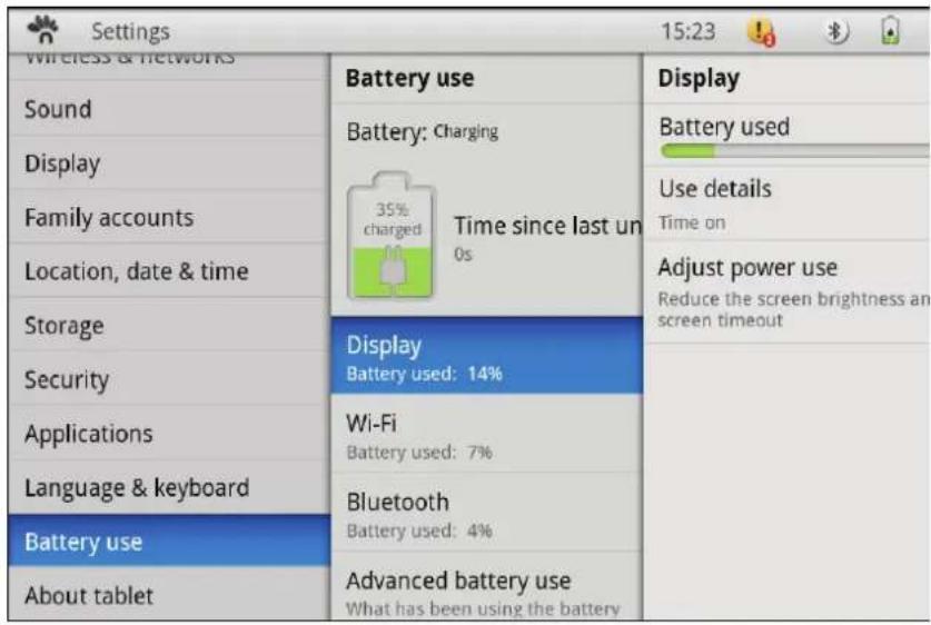 Settings 15:23 Wireless & networks Sound Display Family accounts Location, date & time Storage Security Applications Language & keyboard Battery use About tablet Battery use Battery: Charging Time since last un 0s Display Battery used: 14% Wi-Fi Battery used: 7% Bluetooth Battery used: 4% Advanced battery use What has been using the battery Display Battery used Use details Time on Adjust power use Reduce the screen brightness an screen timeout