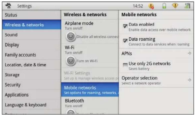 Settings 14:52 Status Wireless & networks Sound Display Family accounts Location, date & time Storage Security Applications Language & keyboard Wireless & networks Airplane mode Turn on/off Disable all wireless connec Wi-Fi Turn on/off Turn on Wi-Fi Wi-Fi Settings Set up & manage wireless access pe Mobile networks Set options for roaming, networks, Bluetooth Turn on/off Mobile networks Data enabled Enable data access over mobile network Data roaming Connect to data services when roaming APNs Use only 2G networks Saves battery Operator selection Select a network operator