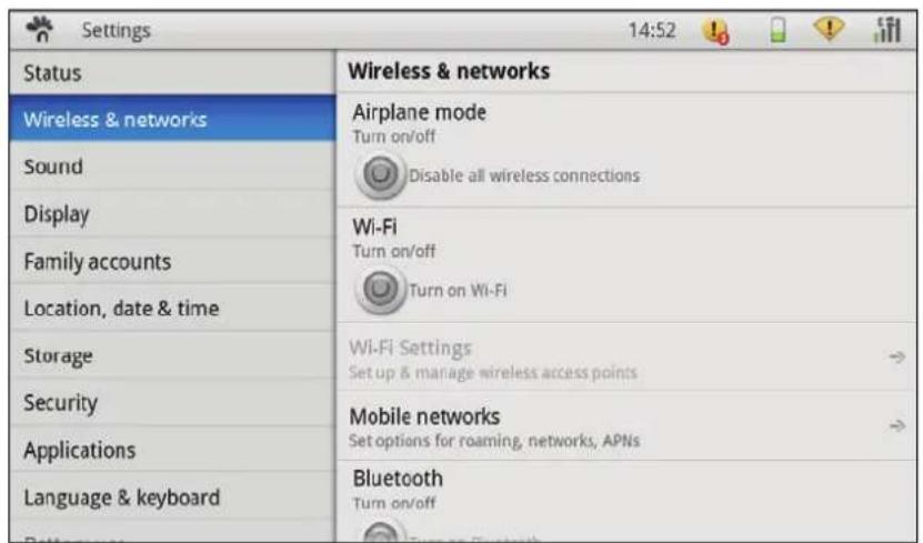 Settings 14:52 Status Wireless & networks Airplane mode Turn on/off Disable all wireless connections Sound Display Family accounts Location, date & time Storage Security Applications Language & keyboard Wi-Fi Turn on/off Turn on Wi-Fi Wi-Fi Settings Set up & manage wireless access points Mobile networks Set options for roaming, networks, APNs Bluetooth Turn on/off
