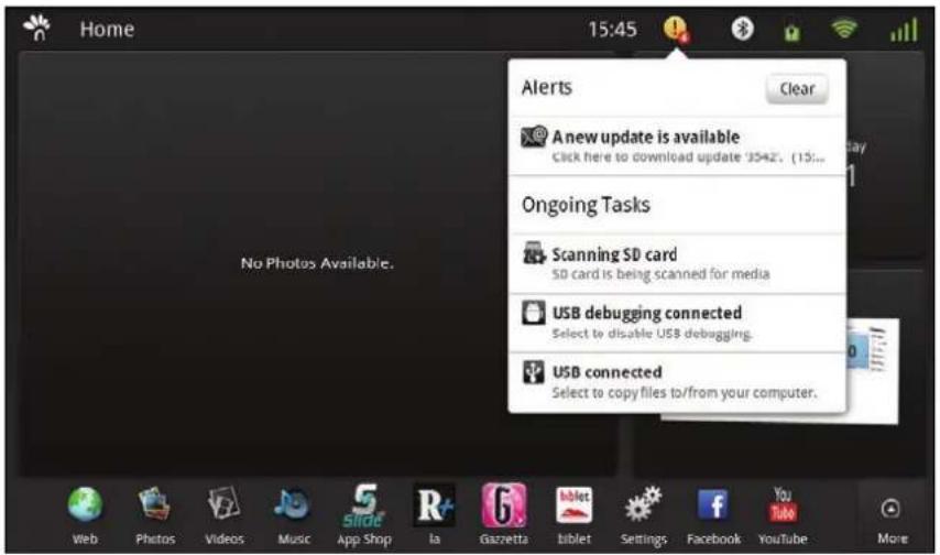 Home 15:45 Alerts Clear A new update is available Click here to download update '3542', (15... No Photos Available. Ongoing Tasks Scanning SD card SD card is being scanned for media USB debugging connected Select to disable USB debugging. USB connected Select to copy files to/from your computer.