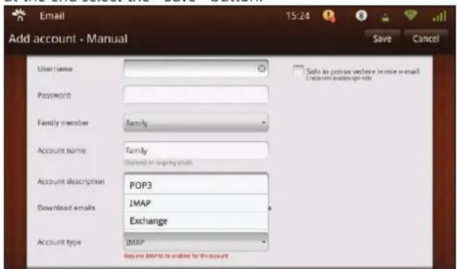 Email 15:24 Add account - Manual User name Password Family member Family Account name Family Account description POP3 Download emails JMAP Exchange Account type JMAP Help us JMAP to be enabled for the account