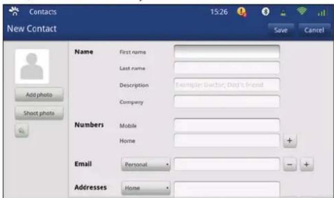 Contacts 15:26 New Contact Save Cancel Add photo Short photo Name First name Last name Description Extingler Doctor, Dad's friend Company Numbers Mobile Home + Email Personal - Addresses Home - +