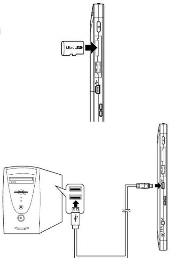 Diagram showing micro drive connection to a desktop computer via USB port, with cable routing and device labels