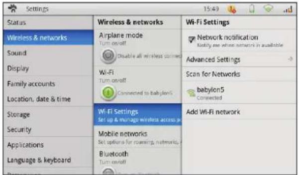 Settings 15:49 Status Wireless & networks Sound Display Family accounts Location, date & time Storage Security Applications Language & keyboard Wireless & networks Airplane mode Turn on/off Disable all wireless connections Wi-Fi Turn on/off Connected to babylon's Wi-Fi Settings Set up & manage wireless access p Mobile networks Set options for roaming networks. Bluetooth Turn on/off Wi-Fi Settings Network notification Notify me when network is available Advanced Settings Scan for Networks babylon5 Connected Add Wi-Fi network