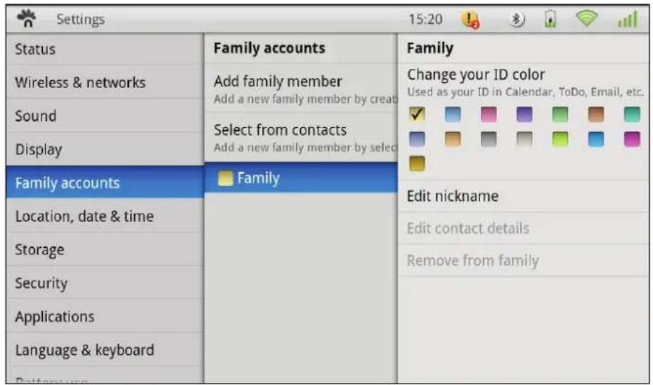 Settings Status Wireless & networks Sound Display Family accounts Location, date & time Storage Security Applications Language & keyboard Family accounts Add family member Add a new family member by creat Select from contacts Add a new family member by selec Family Family accounts Edit nickname Edit contact details Remove from family
