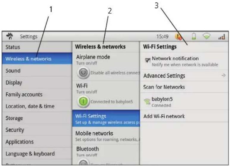 Settings 1 2 3 Status Wireless & networks Sound Display Family accounts Location, date & time Storage Security Applications Language & keyboard Wireless & networks Airplane mode Turn on/off Disable all wireless connec Wi-Fi Turn on/off Connected to babylon5 Wi-Fi Settings Set up & manage wireless access pro Mobile networks Set options for roaming, networks, Bluetooth Turn on/off Wi-Fi Settings Network notification Notify me when network is available Advanced Settings Scan for Networks babylon5 Connected Add Wi-Fi network