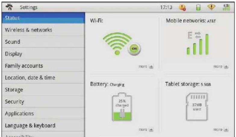 Settings 17:13 Status Wireless & networks Sound Display Family accounts Location, date & time Storage Security Applications Language & keyboard Accessibility Wi-Fi: Mobile networks: AT&T more more Battery: Charging 25% charged more Tablet storage: 5.5gs 37MB used more